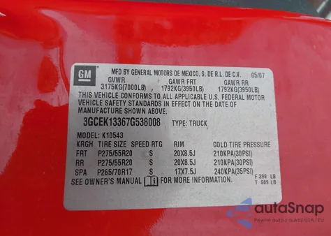 2007 Chevrolet Silverado 1500 Ltz z USA, uszkodzony, nr VIN 3GCEK13367G538008